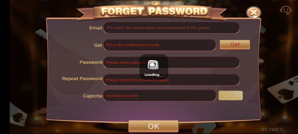 3 Patti World forget password screen with email OTP captcha and new password fields