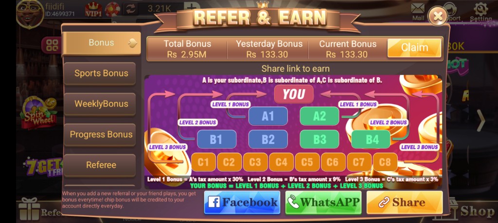 Refer and earn screen in 3 Patti World Pakistan app