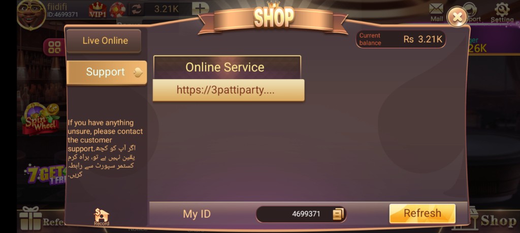 Support screen for 3 Patti World install and payment help