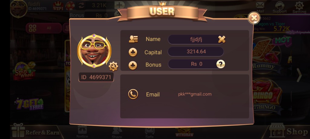 User profile screen after 3 Patti World app install